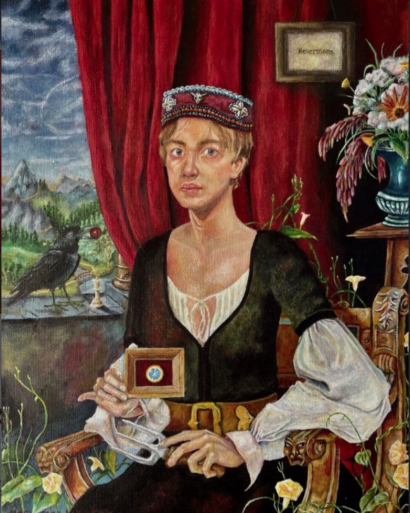 Portrait with red curtain, crow and vase of flowers by Aleshanee Karan